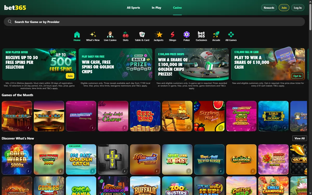 bet365 review: the bet365 casino homepage on desktop